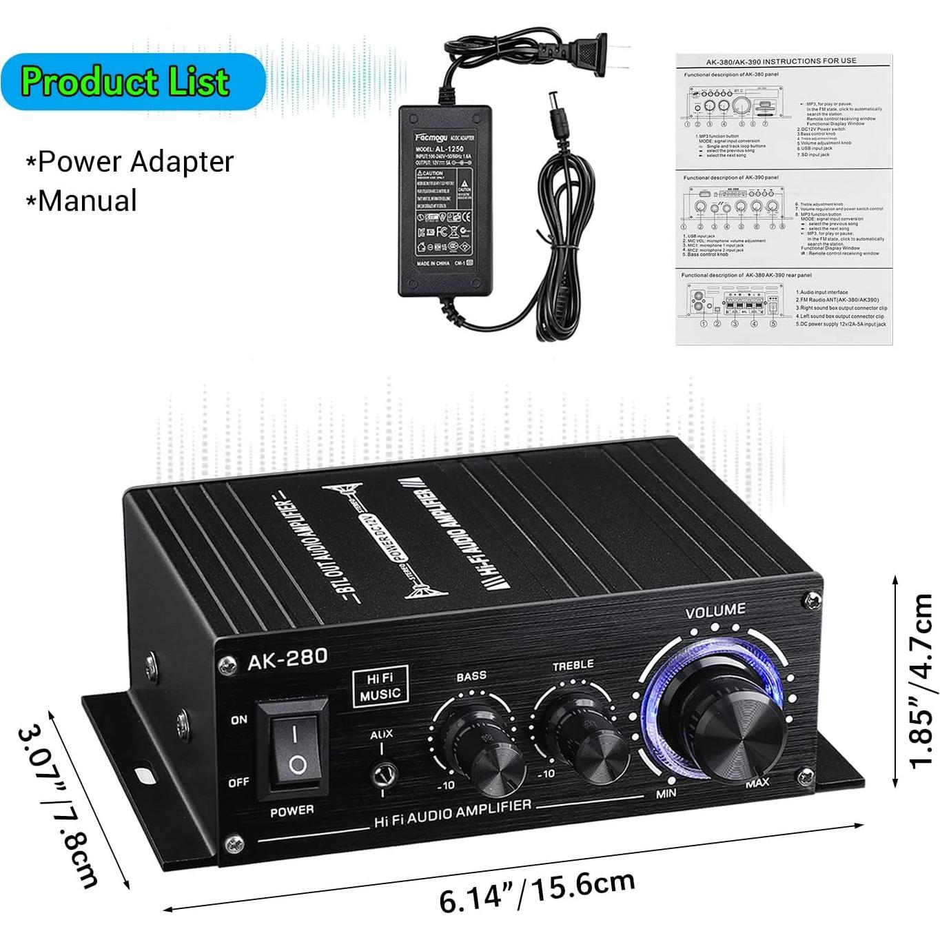 Amplificador de Potencia Facmogu AK280 200W 2.0 CH con Control de Graves