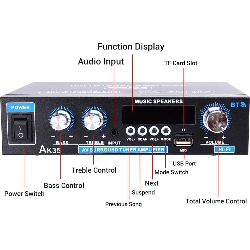 Amplificador Estéreo AK35 Woopker 200W Bluetooth 5.0 2.0 Canal