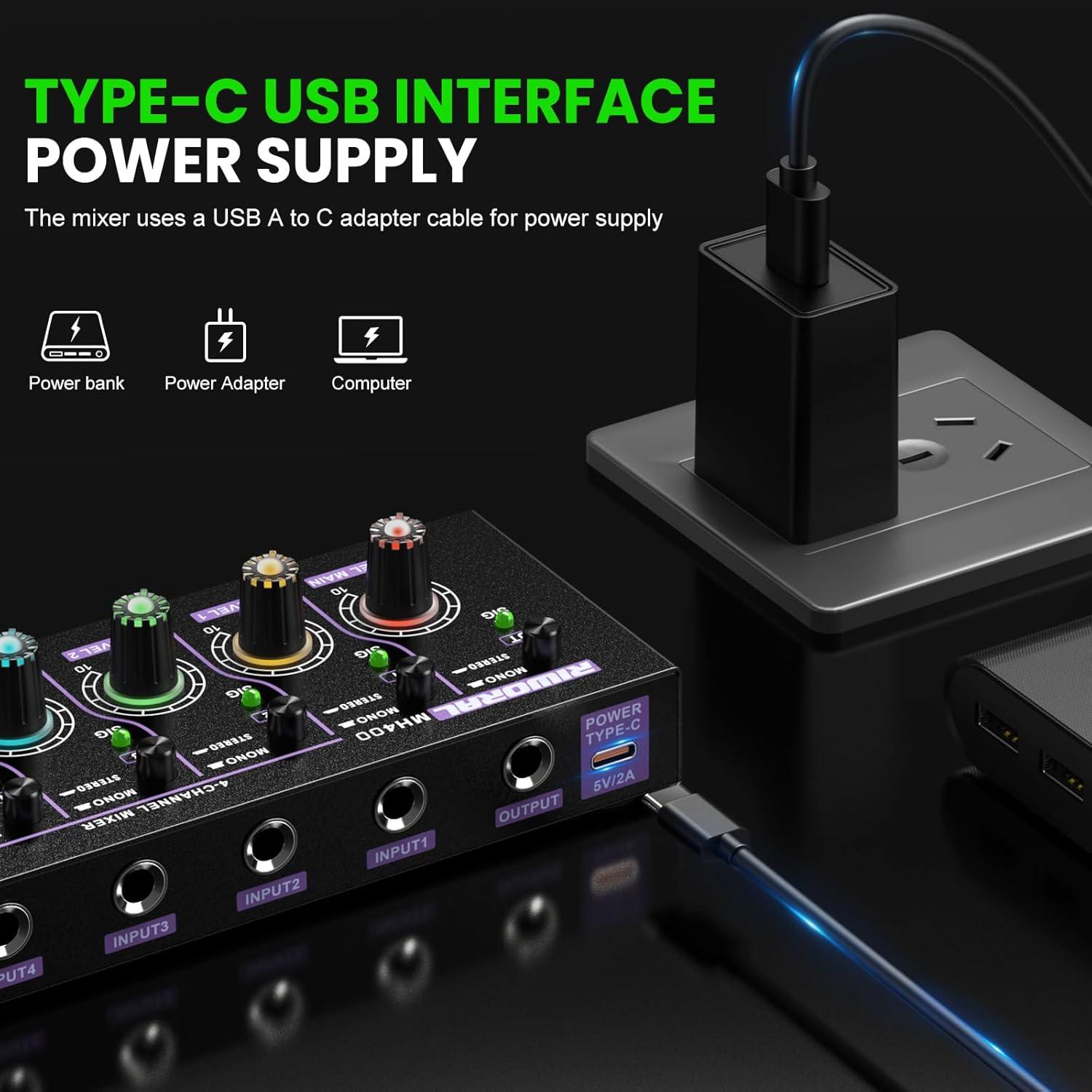 Mini Mezclador de Audio Estéreo 4 Canales USB MH400