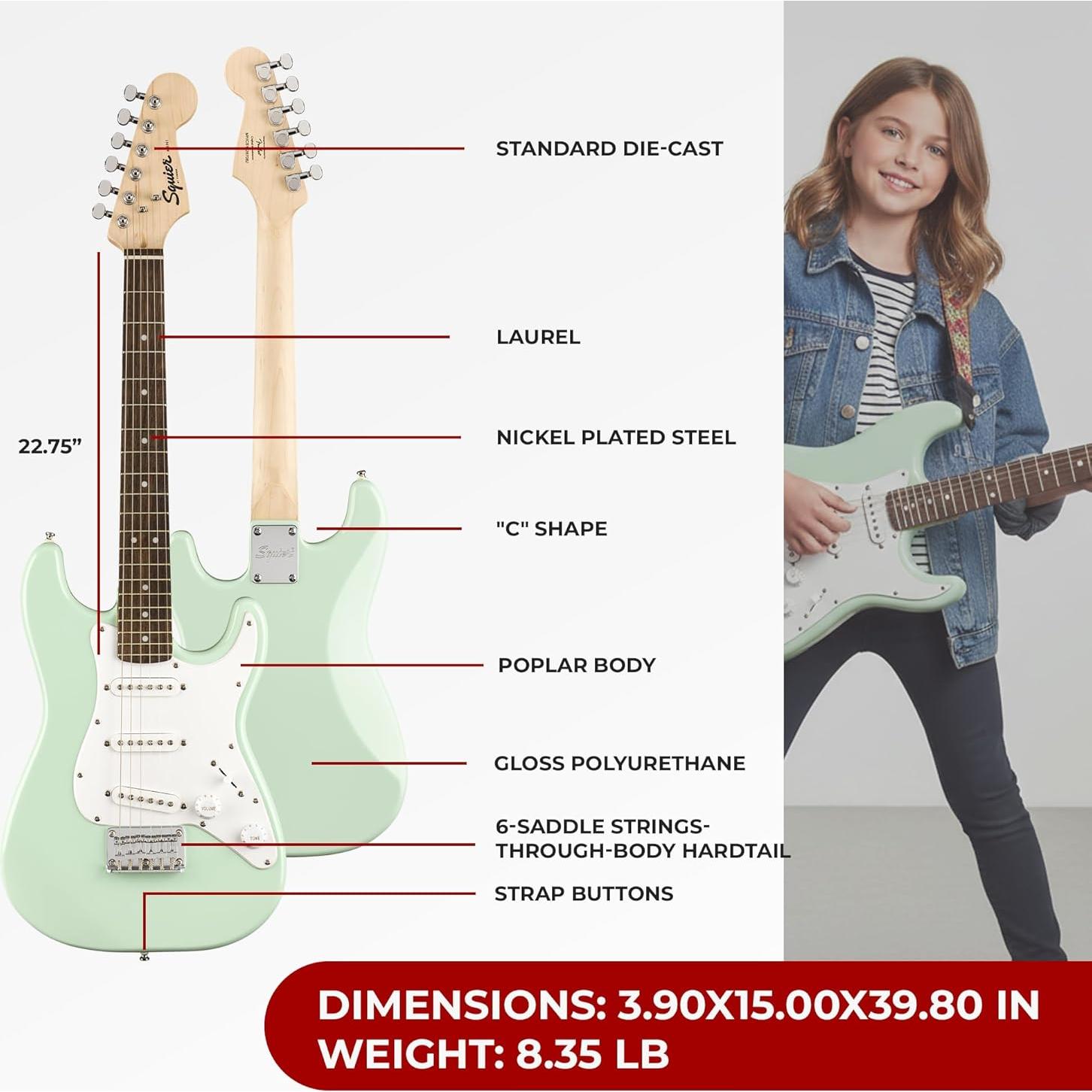 Guitarra eléctrica Squier Mini Strat Verde Surf para niños