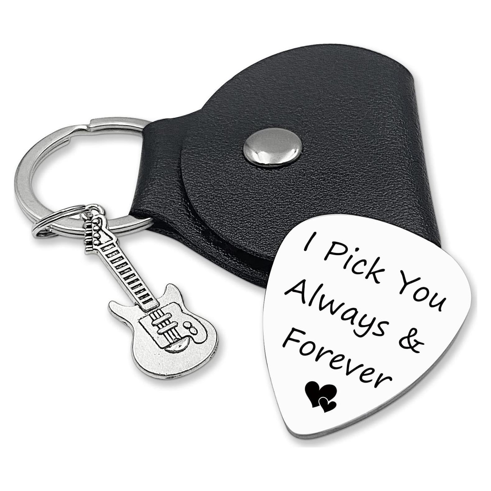 Púa de Guitarra Acero Inoxidable Grabada con Estuche de Cuero