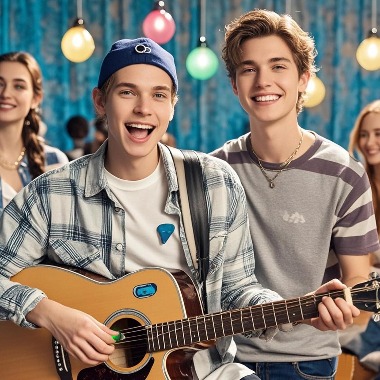 Puas de guitarra iluminadas LED medianas con estuche verde y púrpura