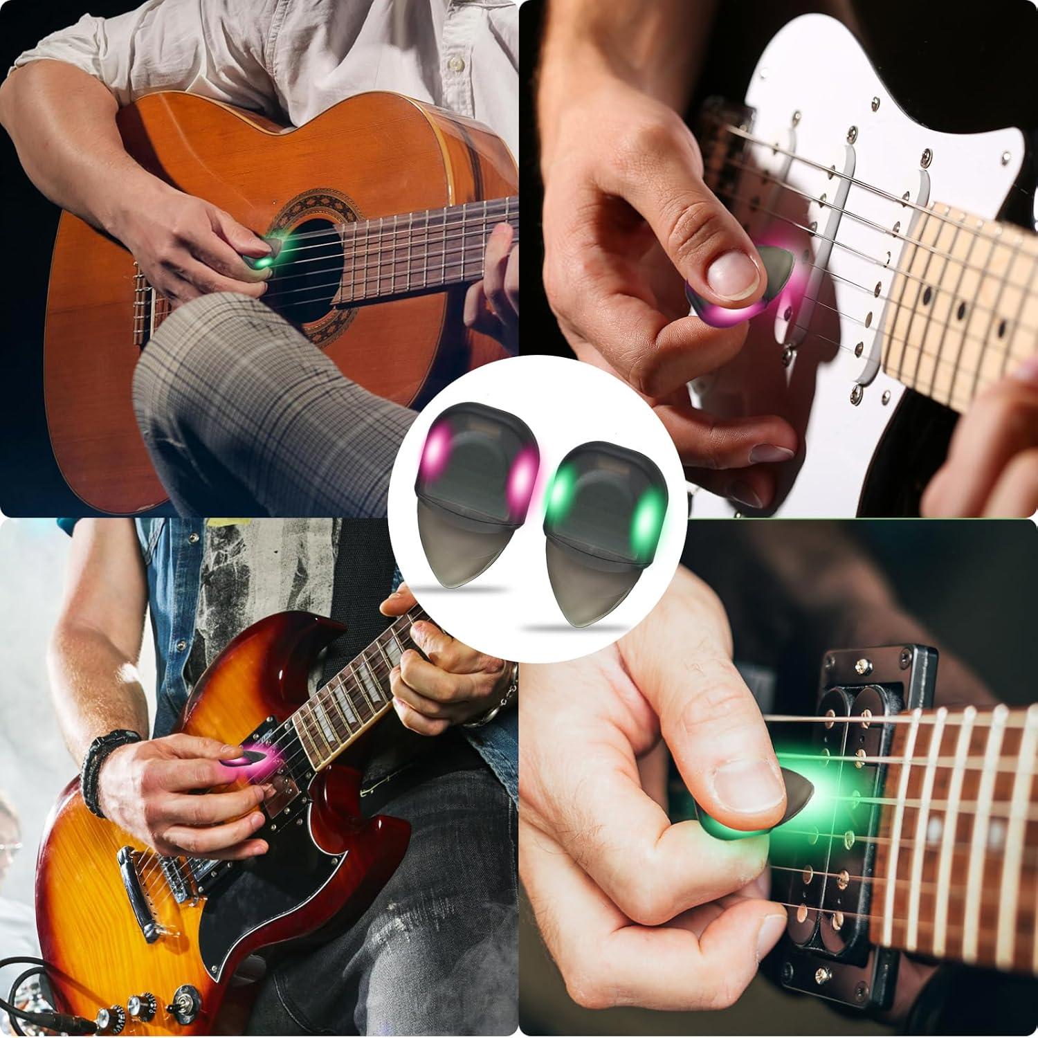 Puas de guitarra iluminadas LED medianas con estuche verde y púrpura