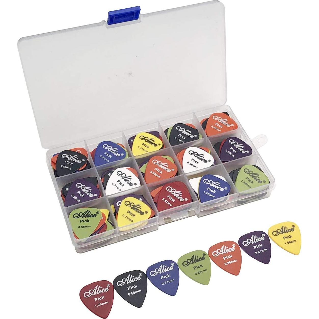 100 Púas de Guitarra Antideslizantes Alice con Caja 6 Grosores