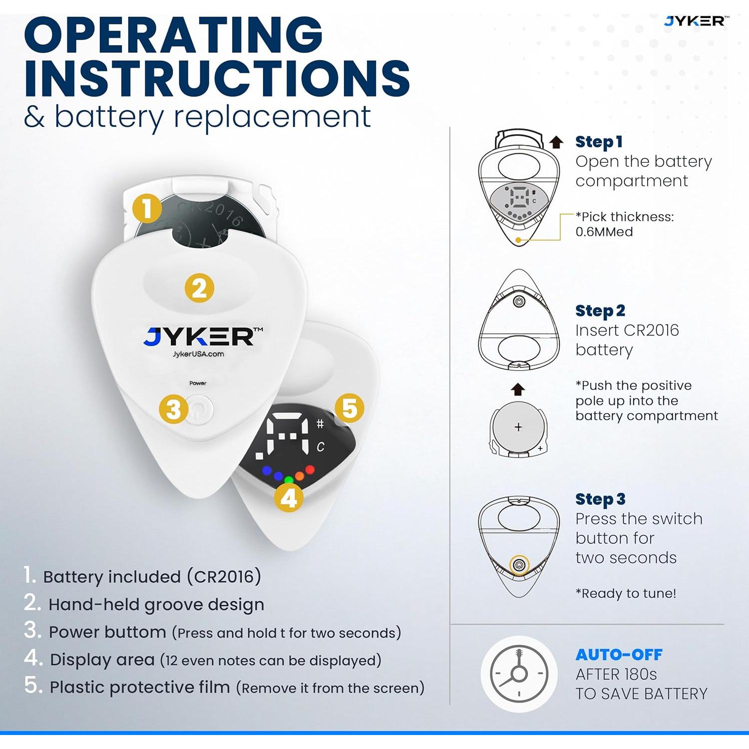 Pua Afinador Digital 2-en-1 Jyker - Guitarra, Bajo, Ukulele