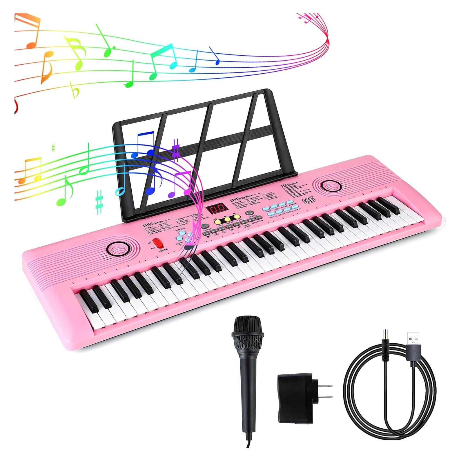 Teclado Eléctrico Digital Rosa 61 Teclas con Micrófono