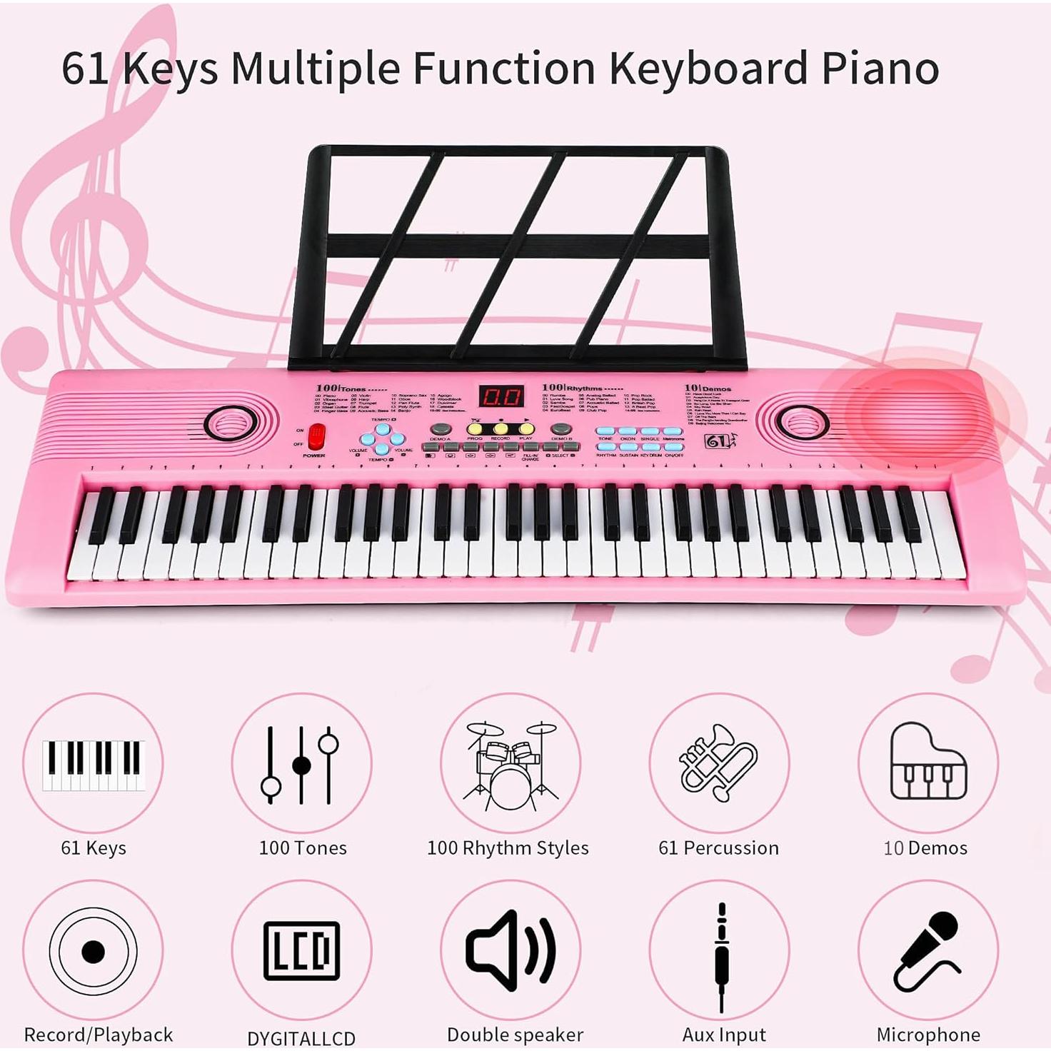 Teclado Eléctrico Digital Rosa 61 Teclas con Micrófono