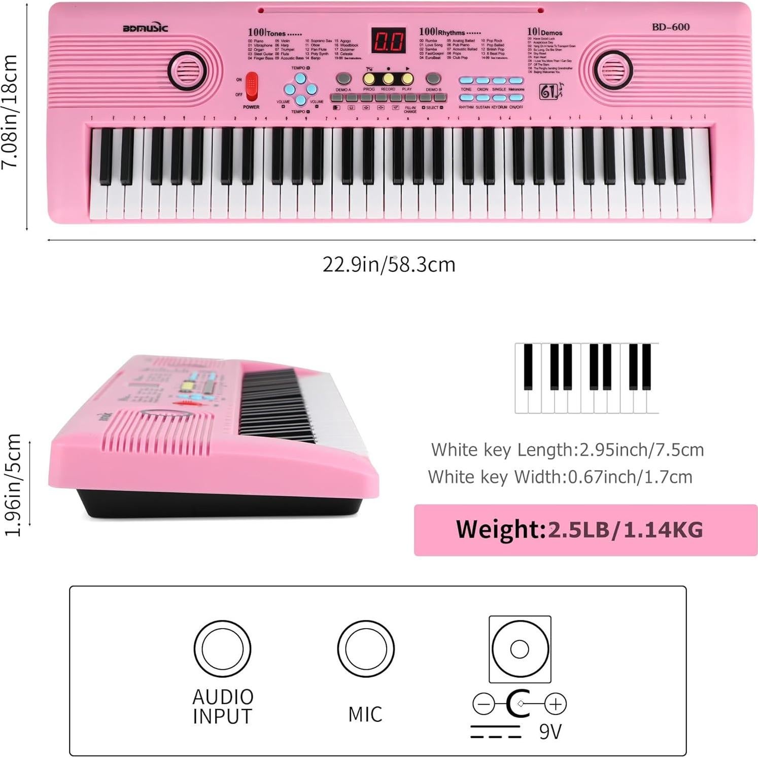 Teclado Eléctrico Digital Rosa 61 Teclas con Micrófono