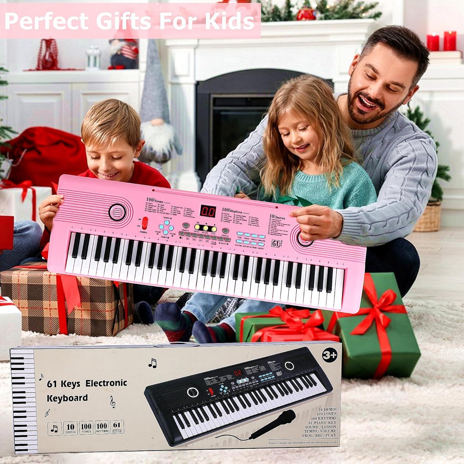 Teclado Eléctrico Digital Rosa 61 Teclas con Micrófono