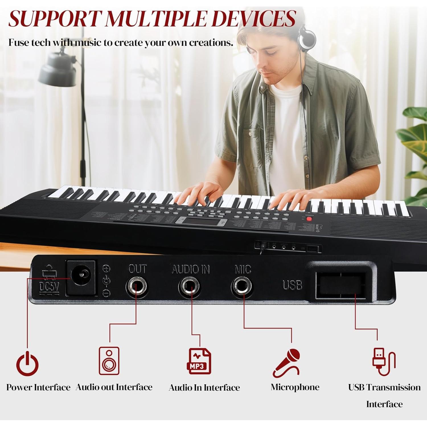 Piano Electrónico Ktaxon 61 Teclas Portátil con Soporte y Auriculares