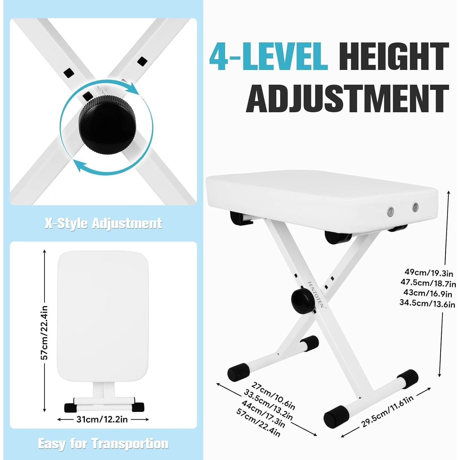 Banco de Piano TENTOTEN Ajustable Plegable Blanco 3.5 kg