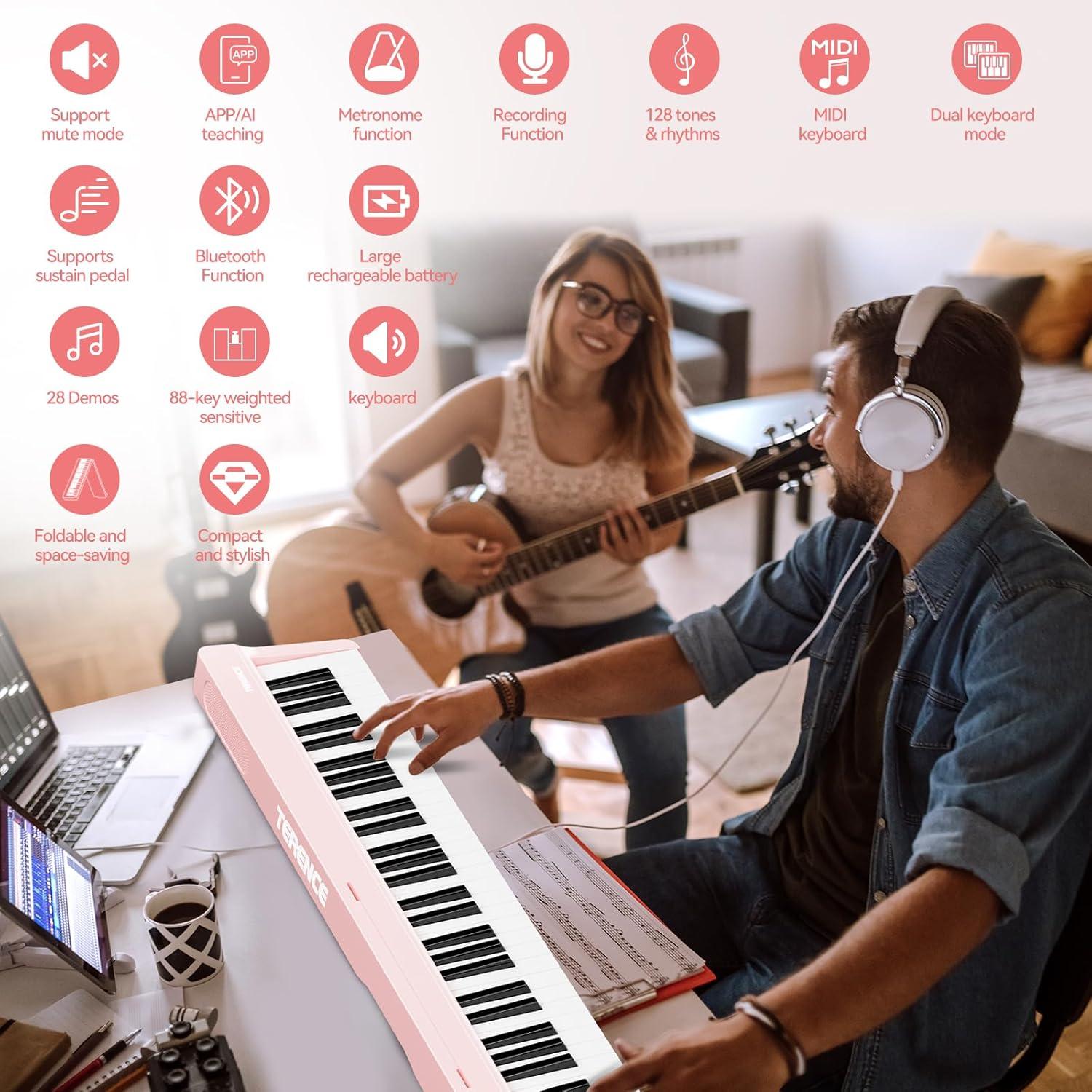 Teclado de Piano Digital Plegable TERENCE 88 Teclas Rosa