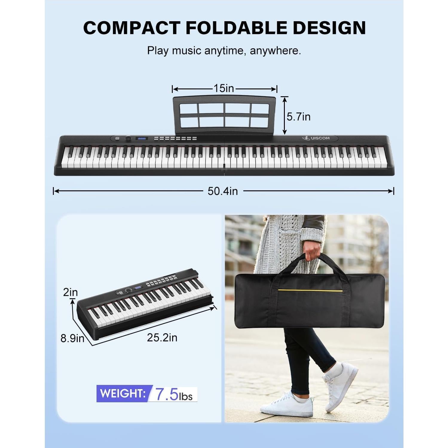 Teclado Piano Digital Portátil UISCOM 88 Teclas Semi Pesado Negro