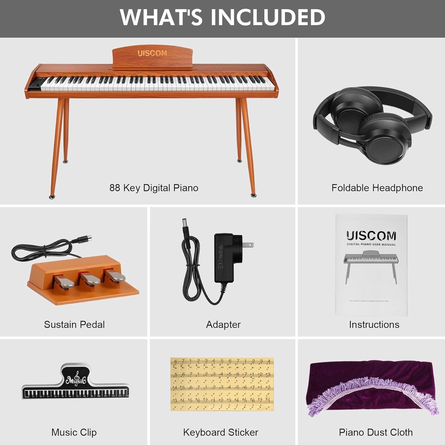 Teclado Piano Digital 88 Teclas UISCOM RS25T Marrón con Soporte