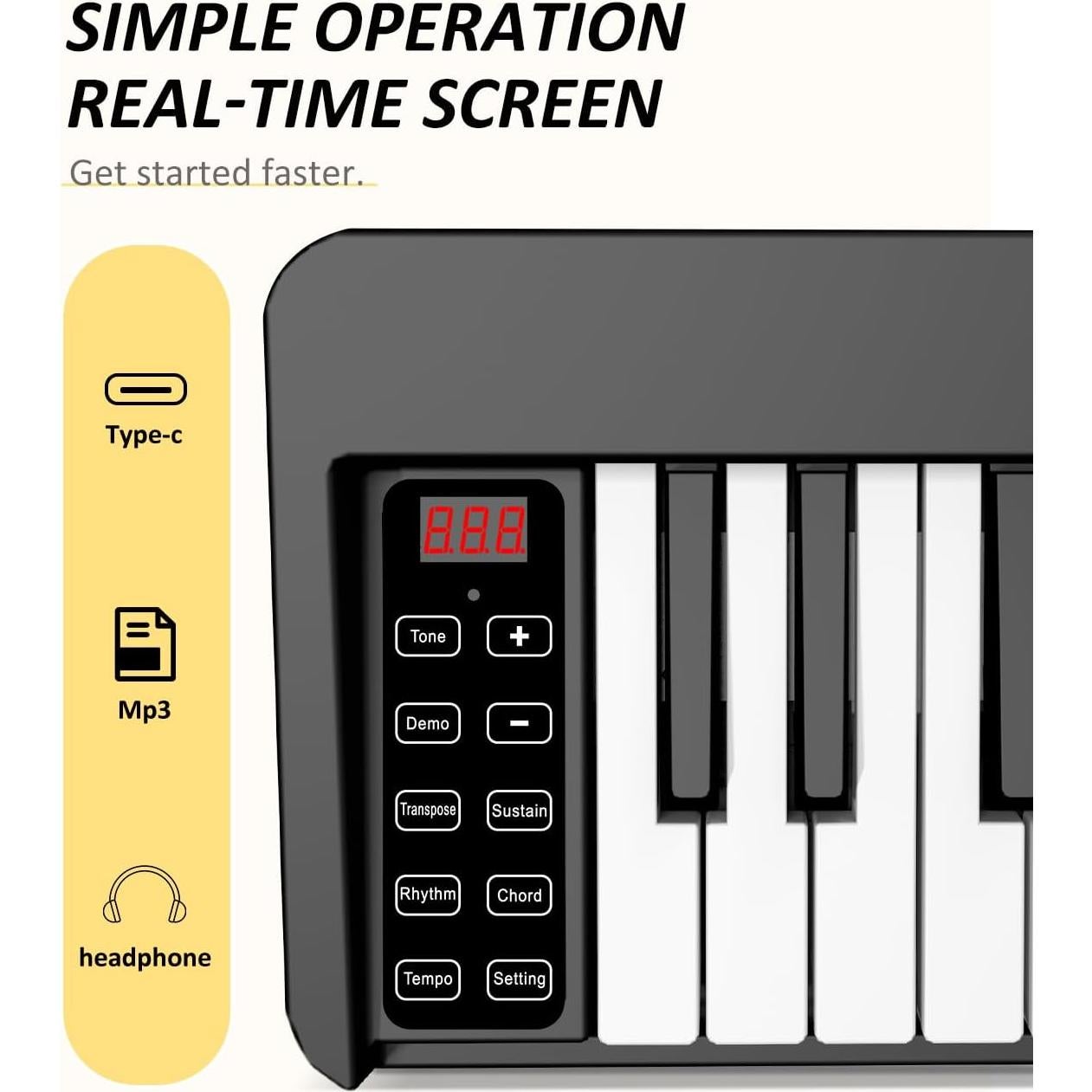 Piano Teclado Plegable 61 Teclas Bora Negro Portátil Bluetooth