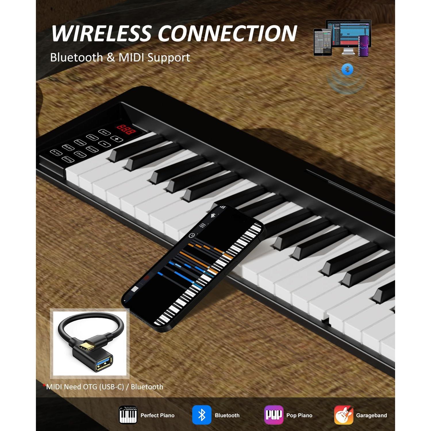 Piano Teclado Plegable 61 Teclas Bora Negro Portátil Bluetooth