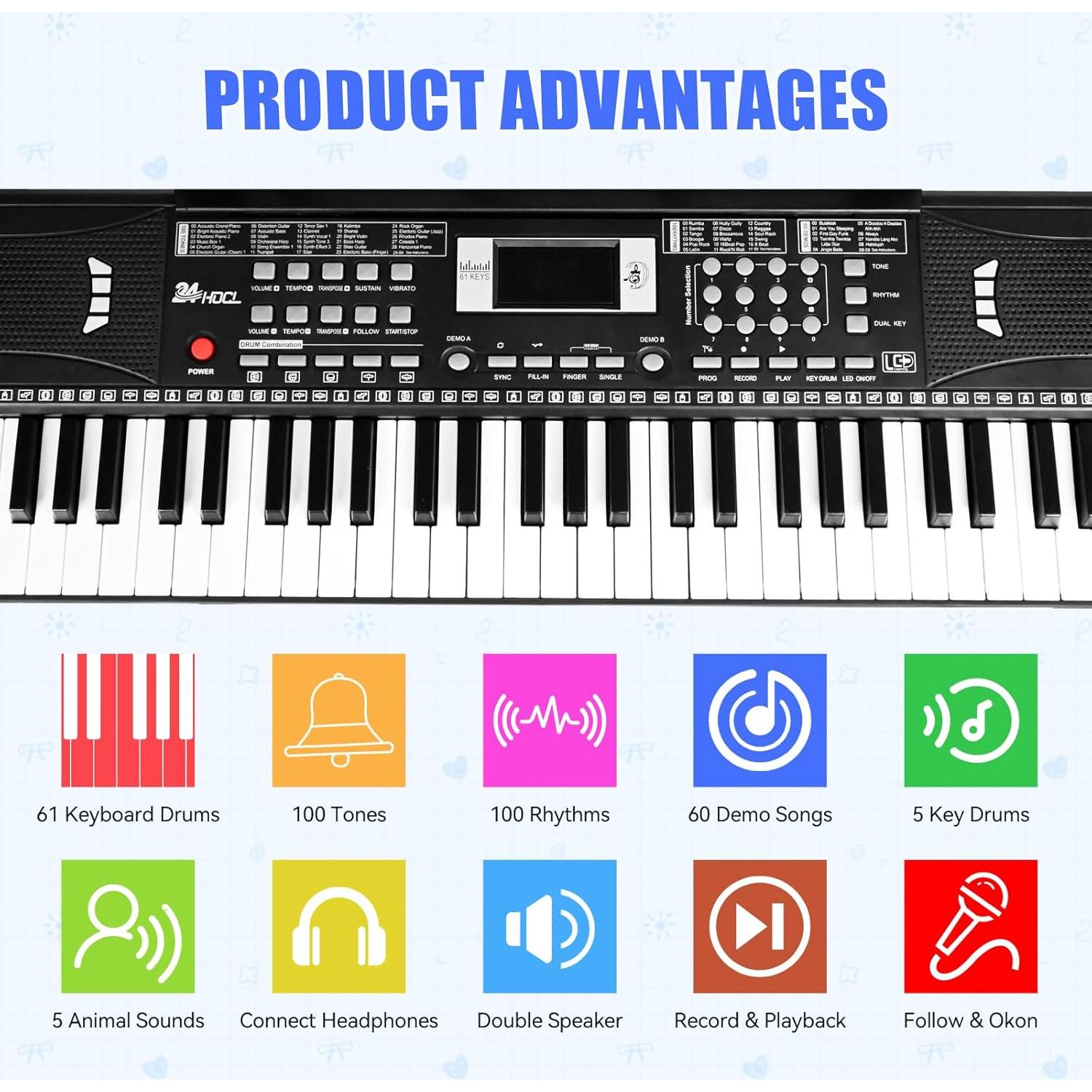 Teclado Digital Eléctrico 61 Teclas 24HOCL con Micrófono