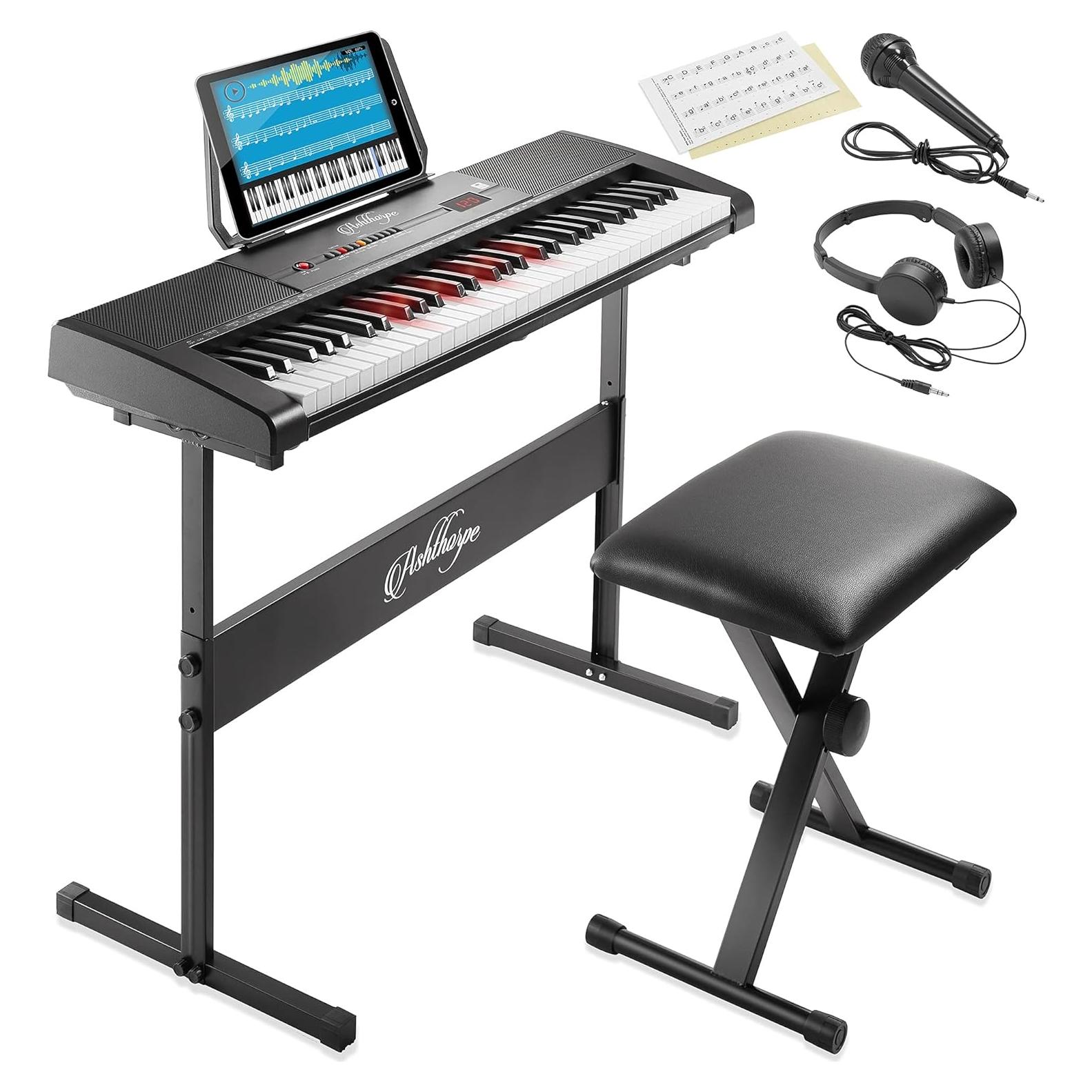 Piano Digital Ashthorpe 61 Teclas Iluminadas con Kit Completo