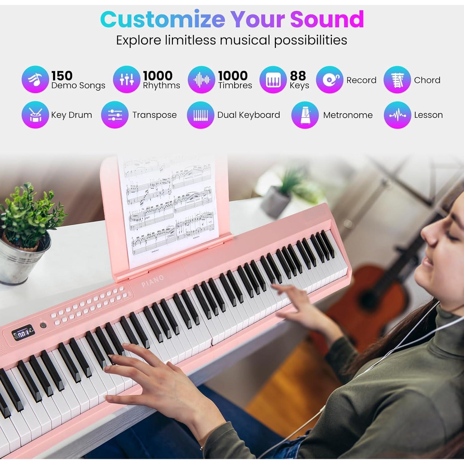 Piano Digital Plegable HONEY JOY 88 Teclas Semi-pesadas Rosa