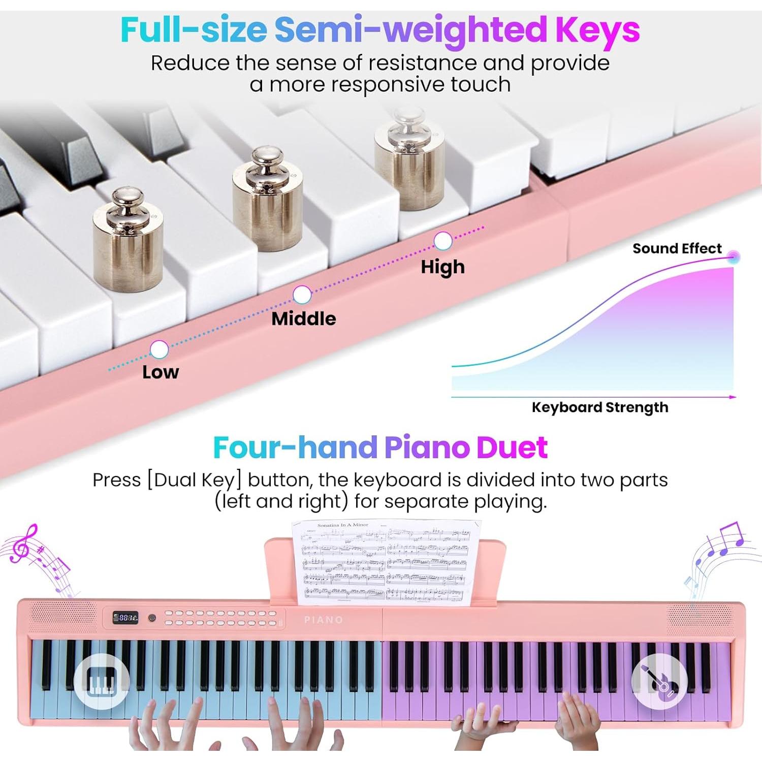 Piano Digital Plegable HONEY JOY 88 Teclas Semi-pesadas Rosa