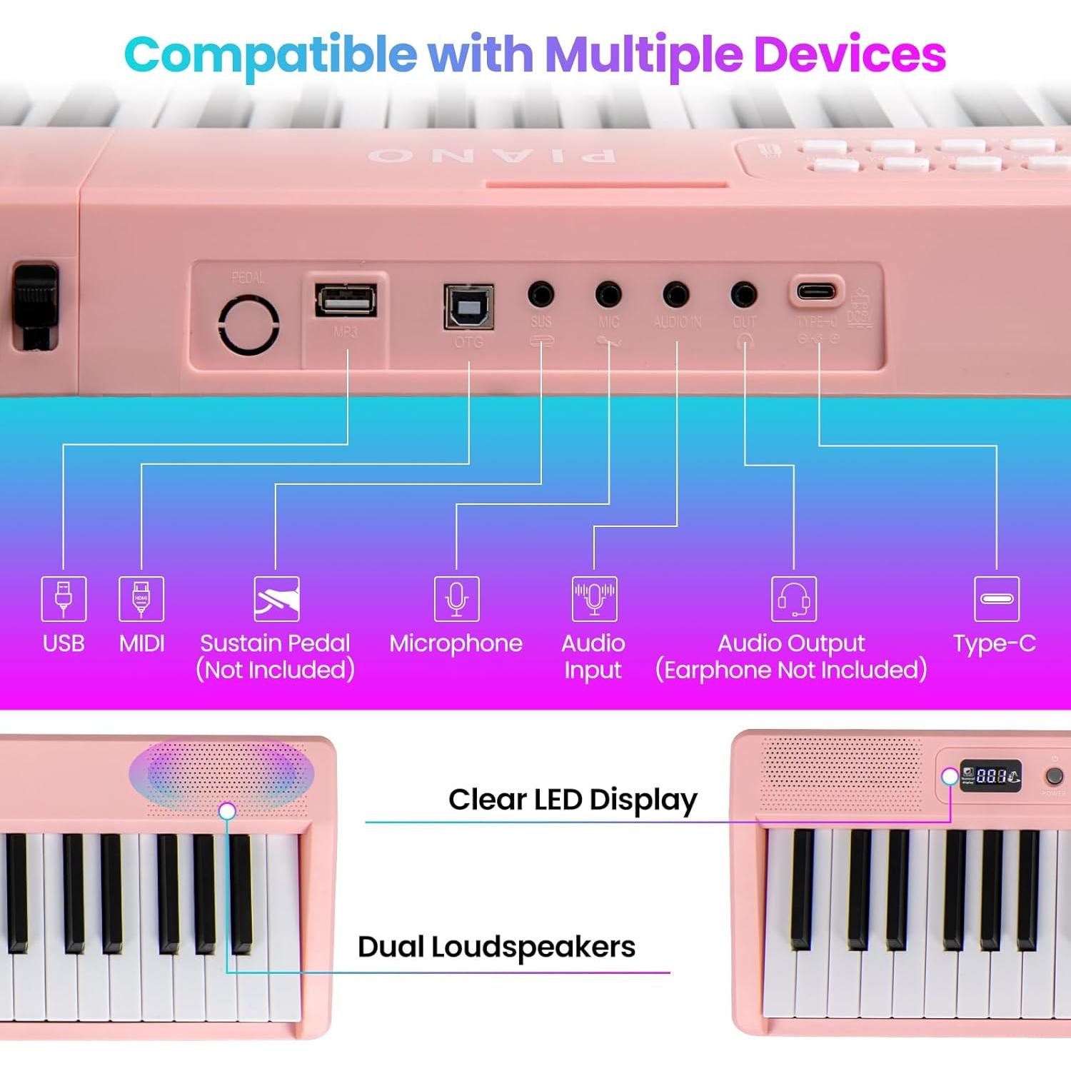 Piano Digital Plegable HONEY JOY 88 Teclas Semi-pesadas Rosa