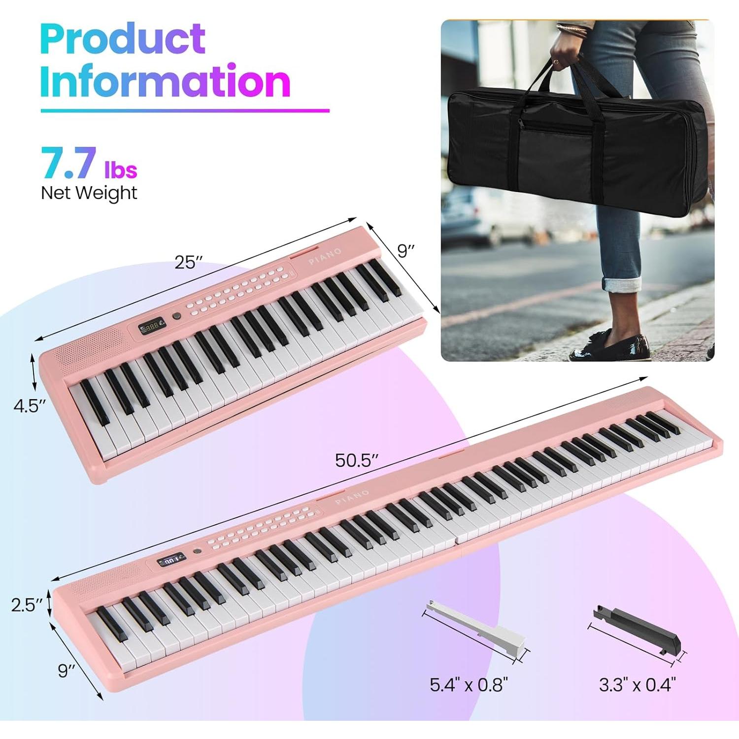 Piano Digital Plegable HONEY JOY 88 Teclas Semi-pesadas Rosa