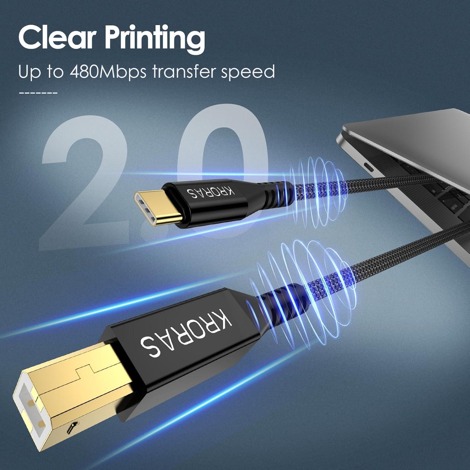 Cable de impresora USB C 15 pies KRORAS - Alta velocidad 480Mbps