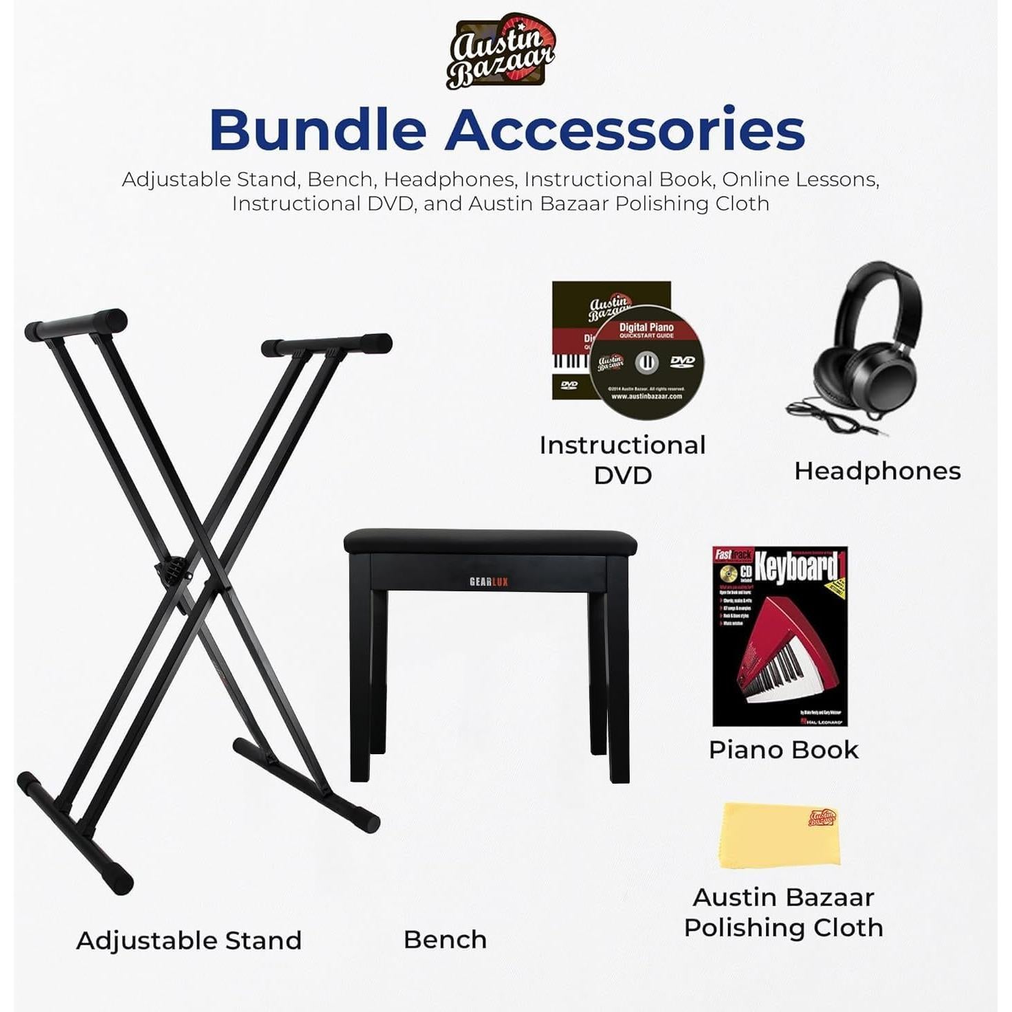 Casio Privia PX-S3100 Digital Piano - Black Bundle with Adjustable Stand, Bench, Headphones, Instructional Book, Online Lessons, Instructional DVD, and Austin Bazaar Polishing Cloth