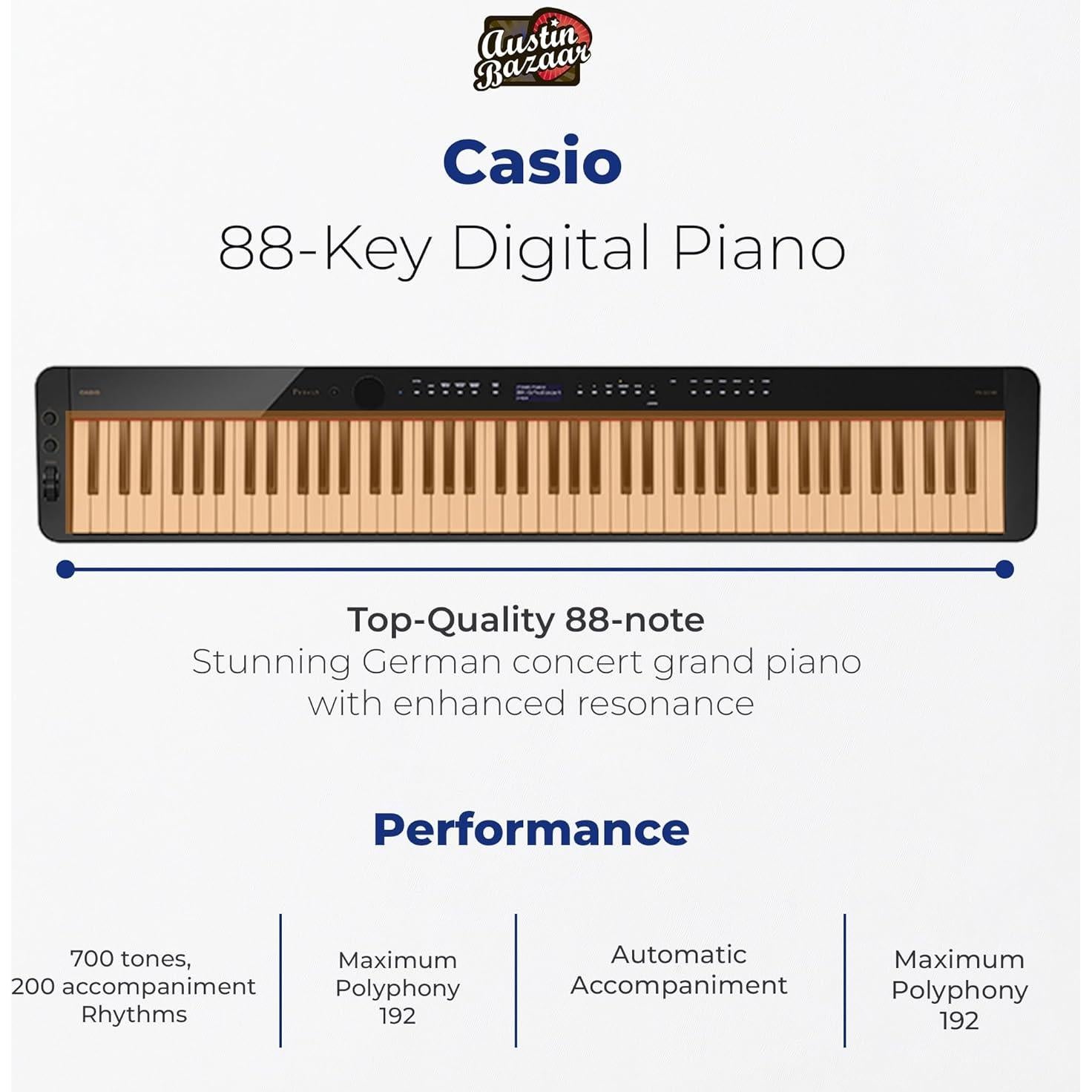 Casio Privia PX-S3100 Digital Piano - Black Bundle with Adjustable Stand, Bench, Headphones, Instructional Book, Online Lessons, Instructional DVD, and Austin Bazaar Polishing Cloth