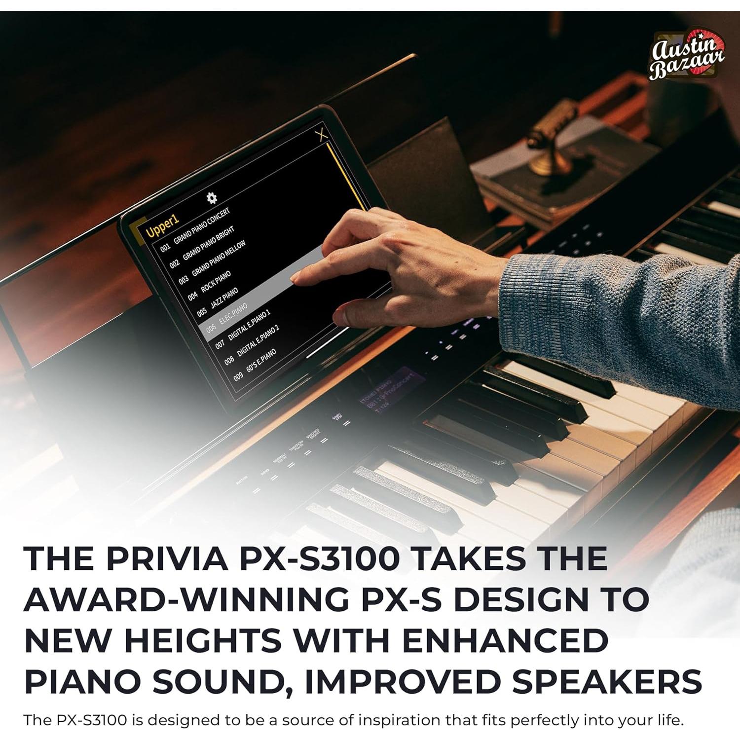 Casio Privia PX-S3100 Digital Piano - Black Bundle with Adjustable Stand, Bench, Headphones, Instructional Book, Online Lessons, Instructional DVD, and Austin Bazaar Polishing Cloth