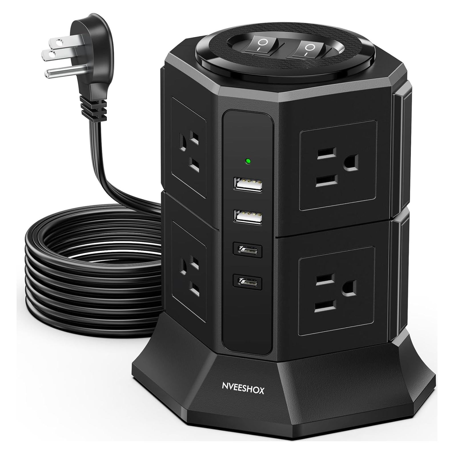 Torre de Regleta NVEESHOX 12 en 1 con 8 Salidas AC y 4 USB