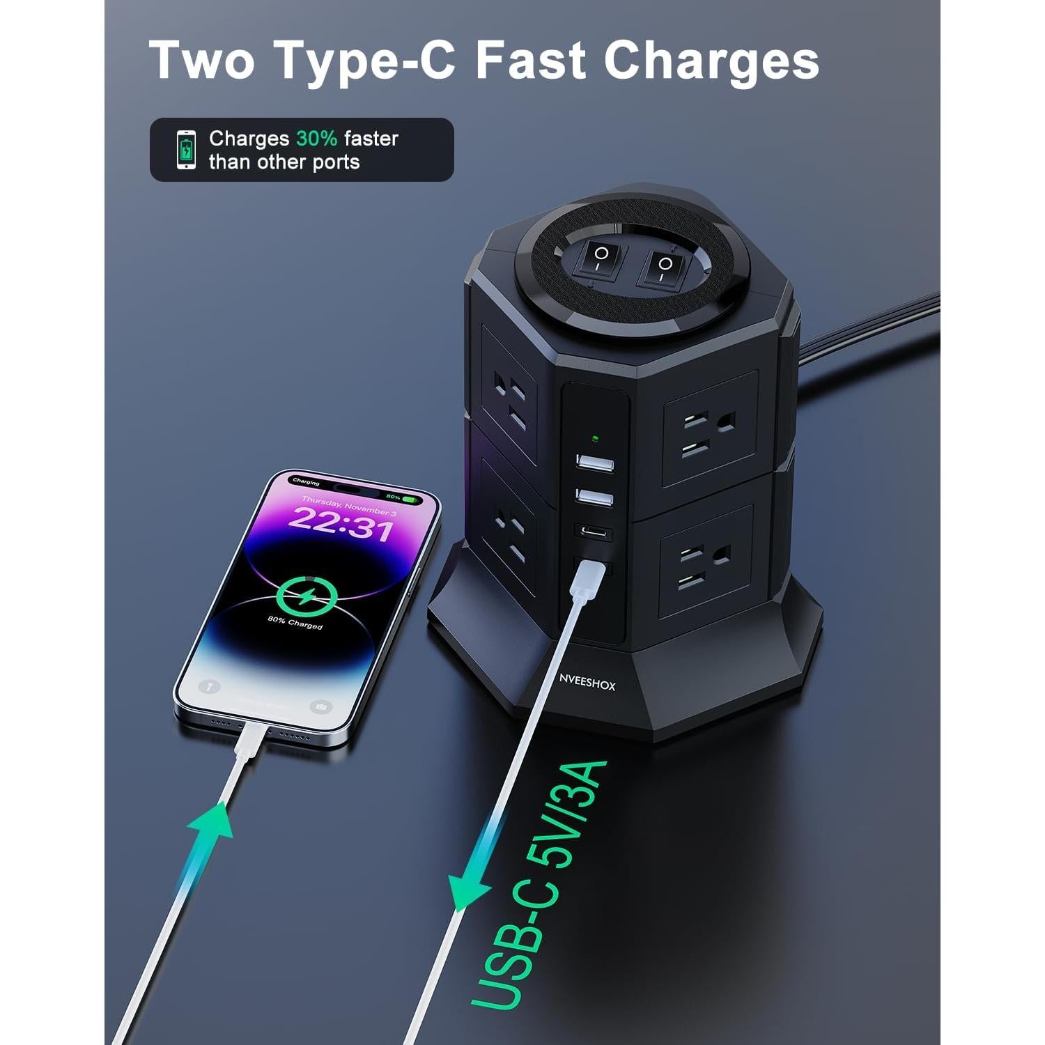 Torre de Regleta NVEESHOX 12 en 1 con 8 Salidas AC y 4 USB