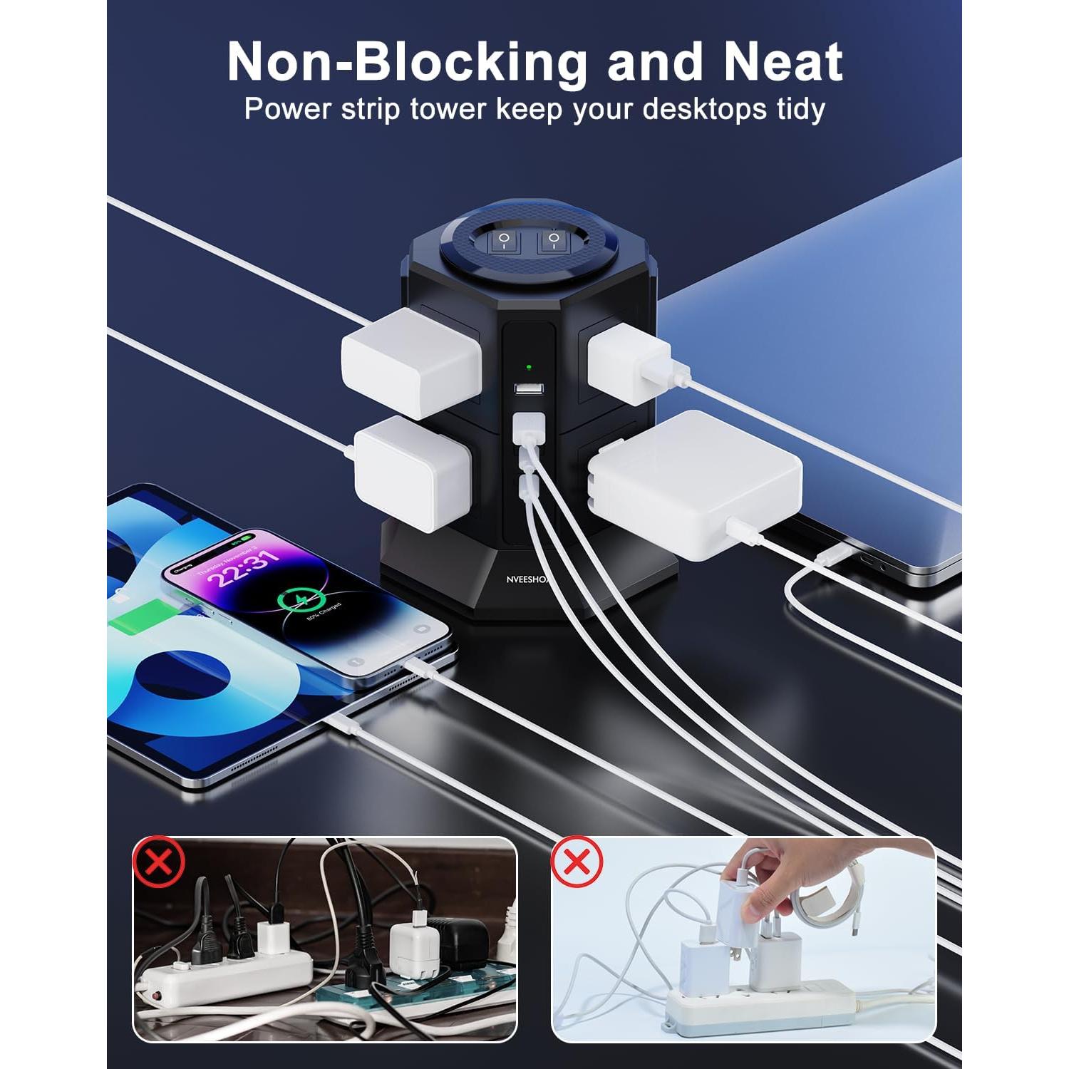 Torre de Regleta NVEESHOX 12 en 1 con 8 Salidas AC y 4 USB