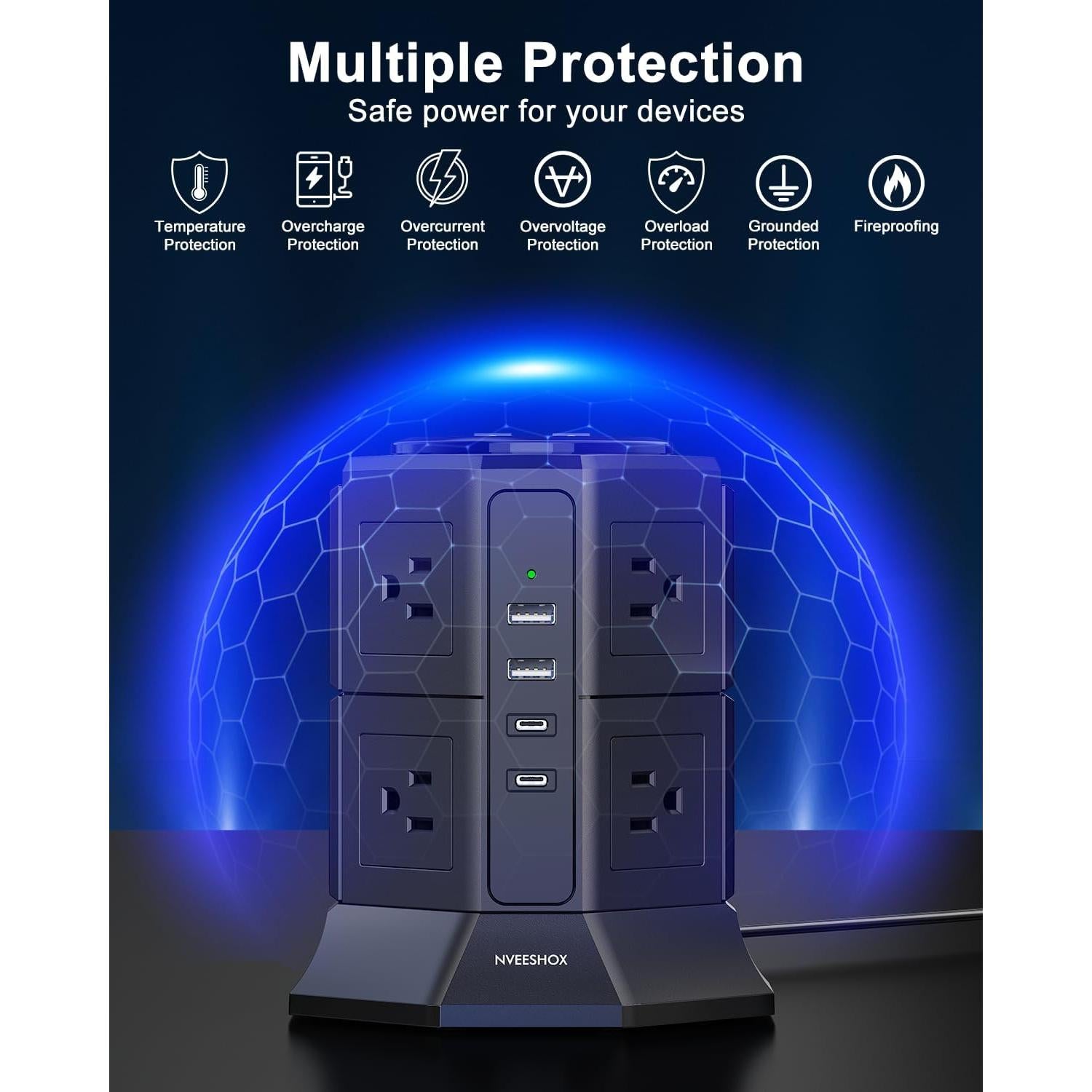 Torre de Regleta NVEESHOX 12 en 1 con 8 Salidas AC y 4 USB