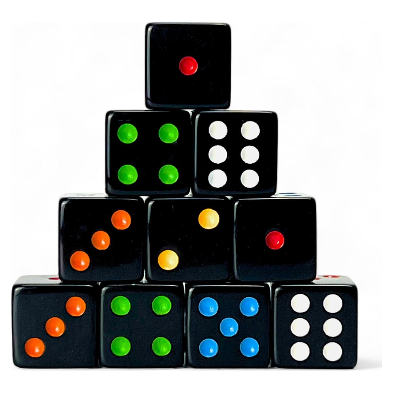 Luck Lab 10 Piece D6 Multicolor Pip Dice Pack - Acrylic 16mm Square Edge Standard Dice for RPG MTG DND Table Games and Board Games, Storage Bag Included (Black Multicolor)