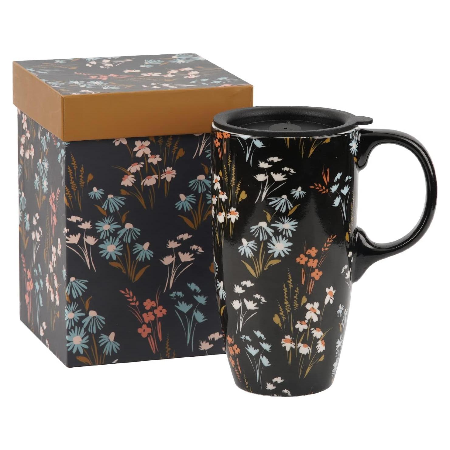 Taza de Cerámica Topadorn 500ml con Tapa y Asa Floral