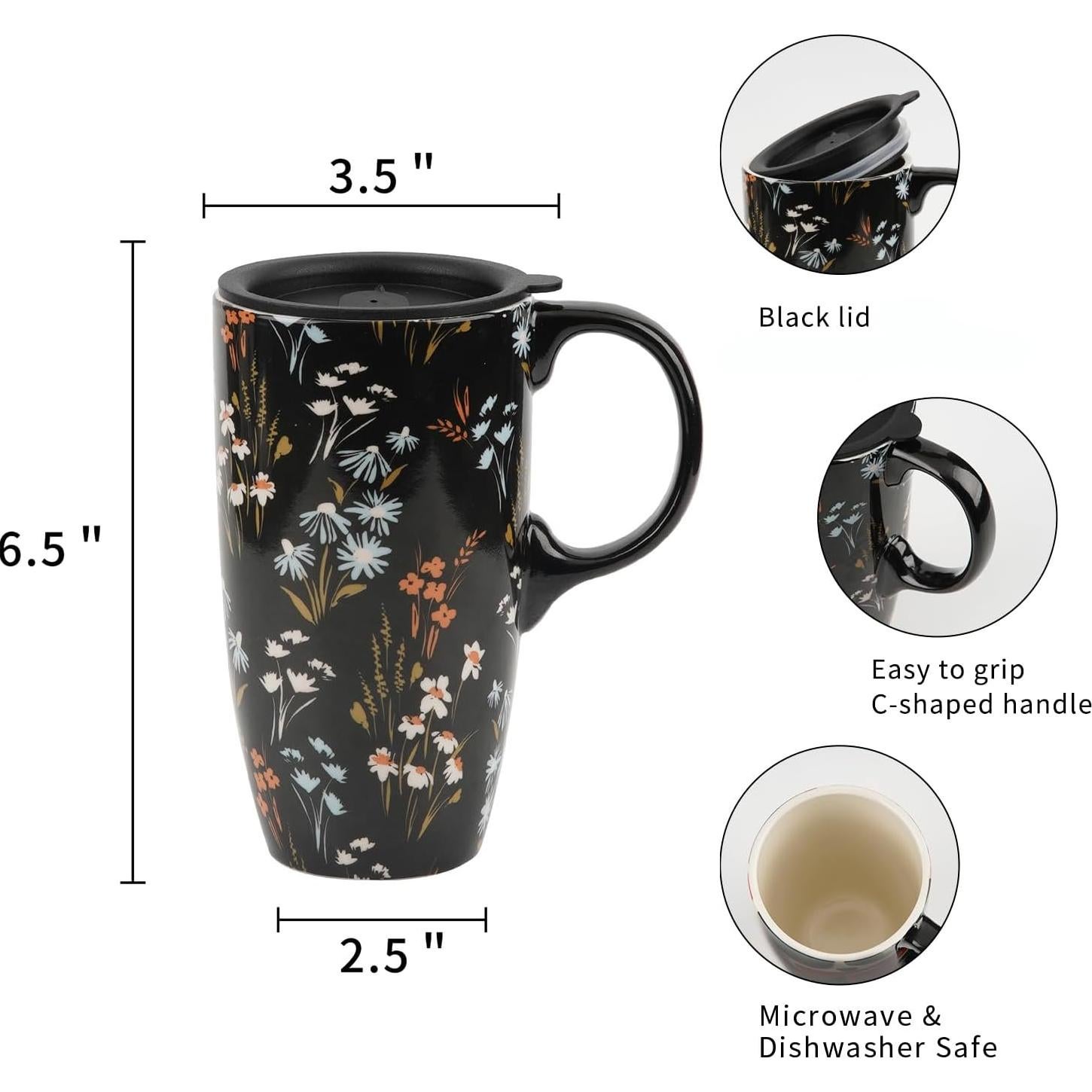 Taza de Cerámica Topadorn 500ml con Tapa y Asa Floral