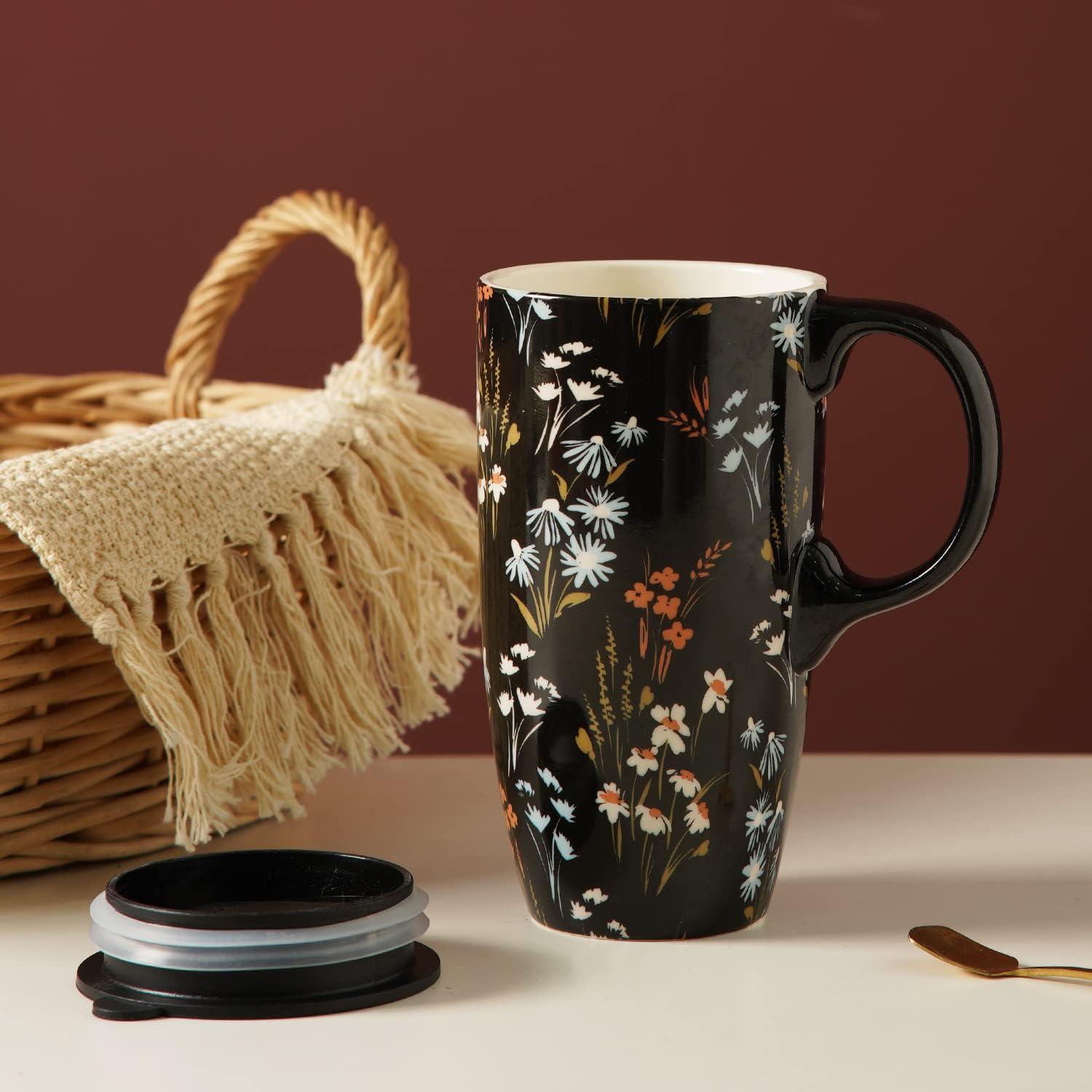 Taza de Cerámica Topadorn 500ml con Tapa y Asa Floral