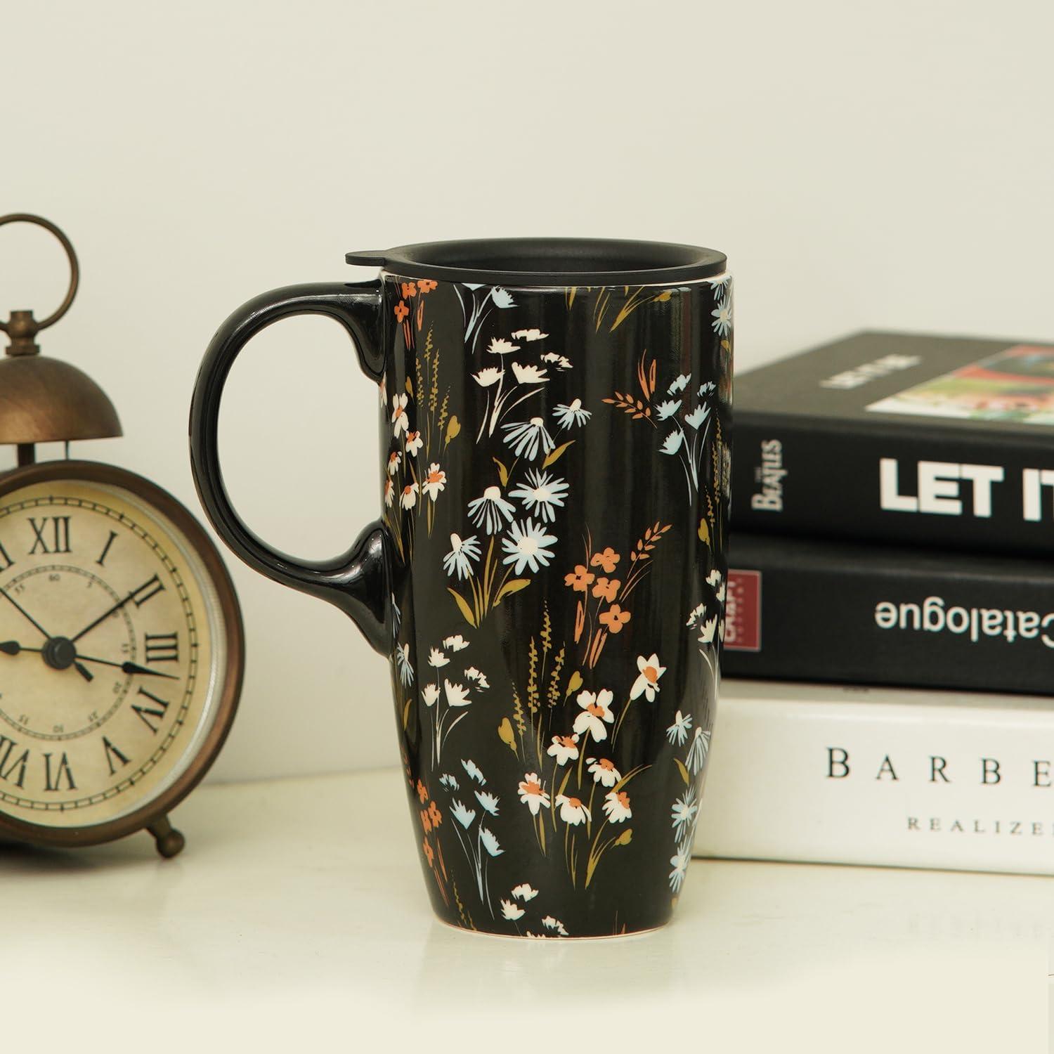 Taza de Cerámica Topadorn 500ml con Tapa y Asa Floral