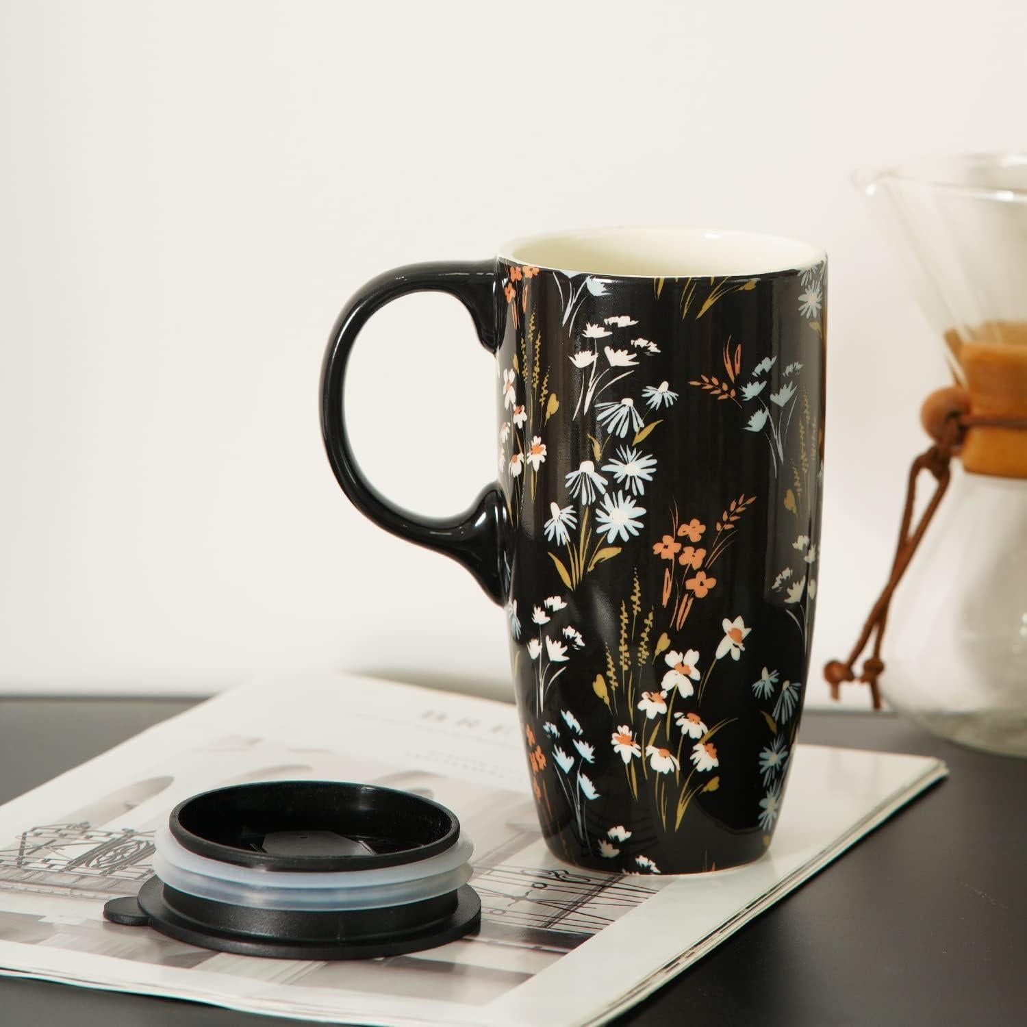 Taza de Cerámica Topadorn 500ml con Tapa y Asa Floral