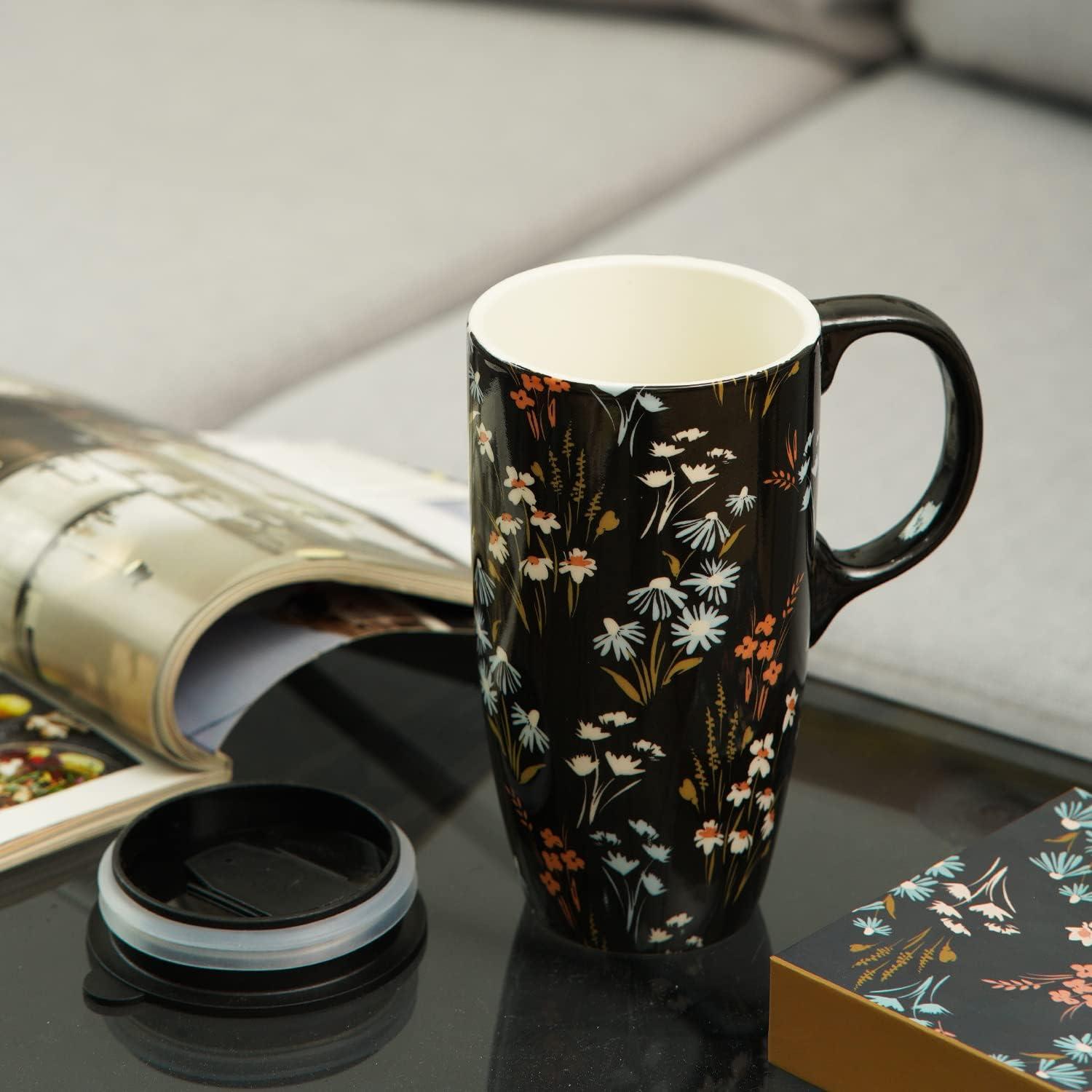 Taza de Cerámica Topadorn 500ml con Tapa y Asa Floral