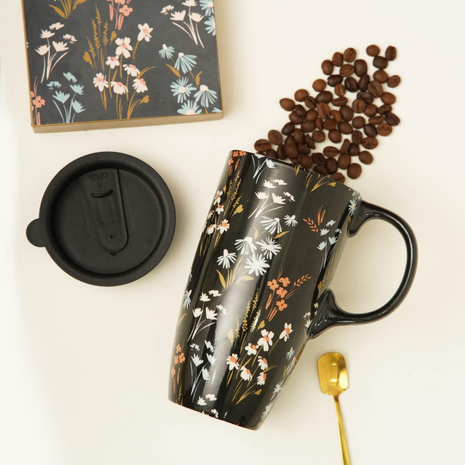 Taza de Cerámica Topadorn 500ml con Tapa y Asa Floral