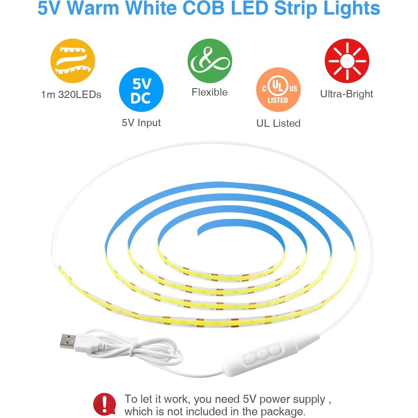 Tira LED COB Aclorol 3.28FT USB Regulable 3000K Blanco Cálido 2 Pack