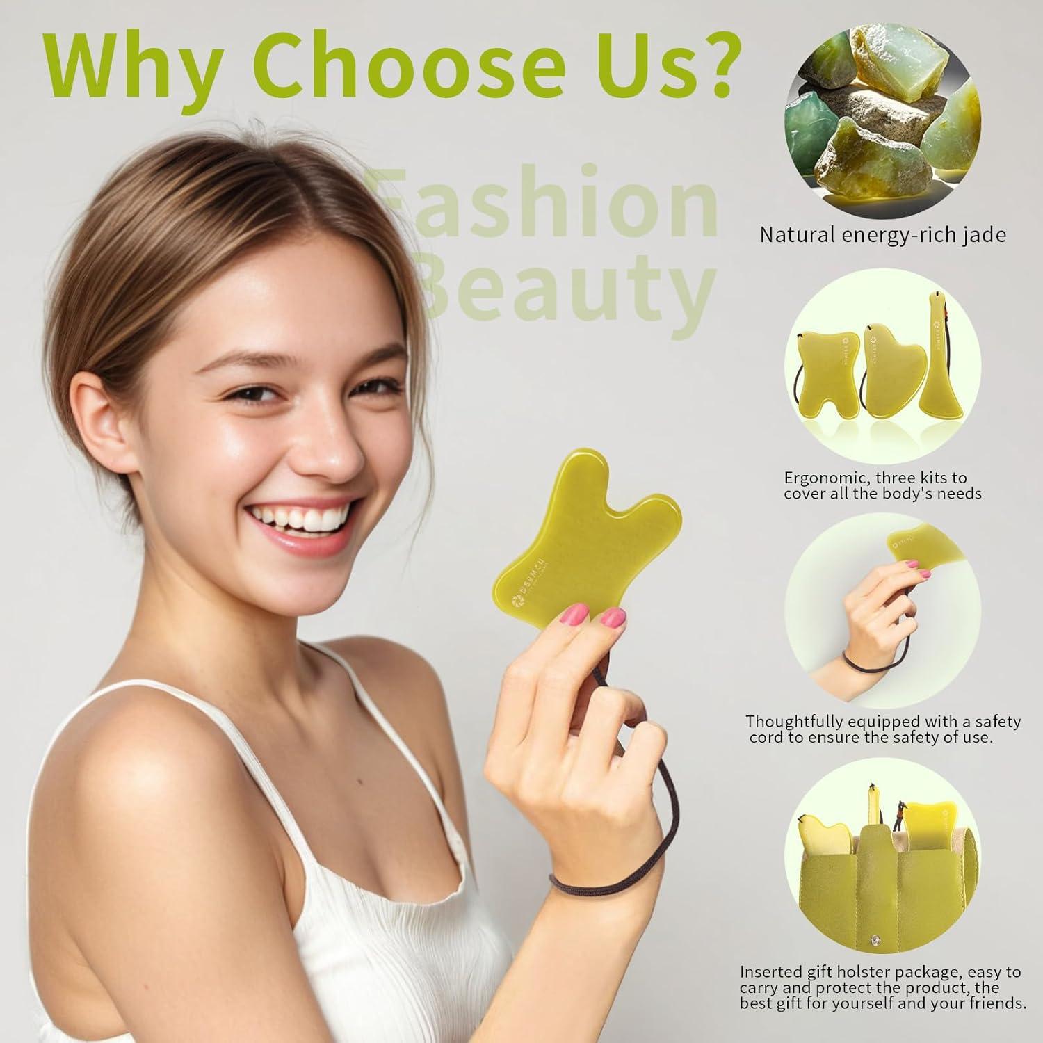 Juego de 3 Herramientas Gua Sha Jade Lusomch para Masaje Facial