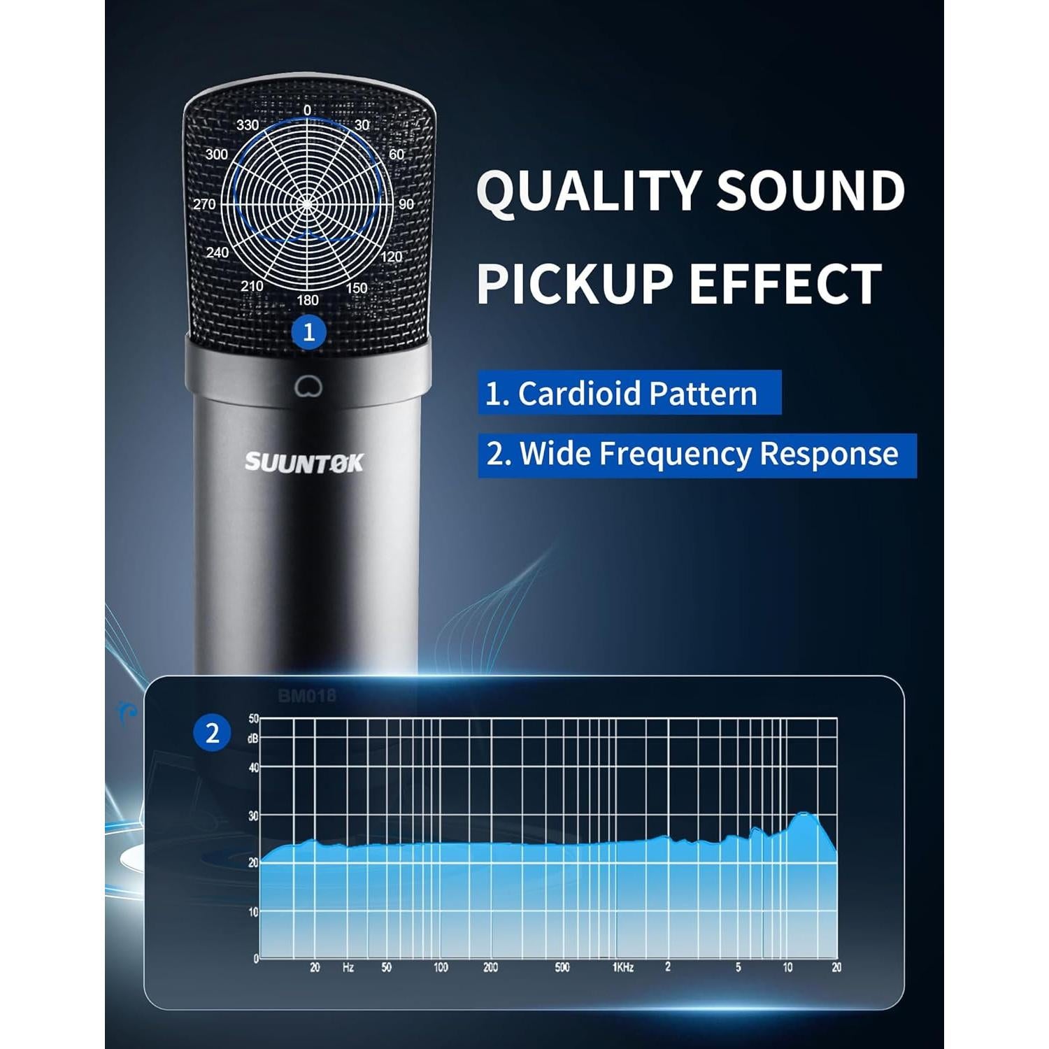 XLR Condenser Microphone Recording Microphone for PC Computer Home Studio Cardioid Podcast Mic Kit for Streaming, ASMR, YouTube, Voice-Over, Gaming, Vocal (Black)