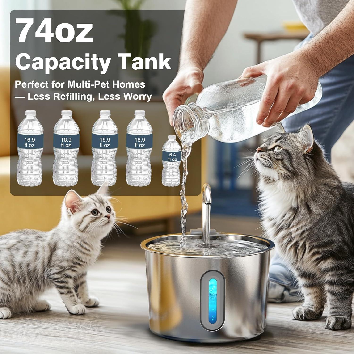 Fuente de Agua para Gatos HAJXM 2.2L Acero Inoxidable Silenciosa