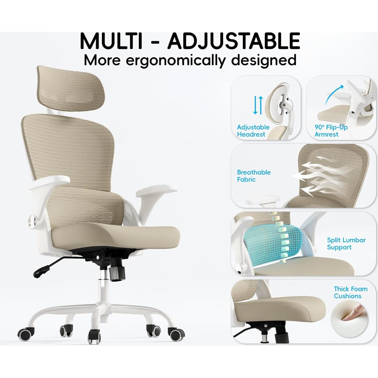 Silla de Oficina Ergonómica TRALT Beige con Reposacabezas