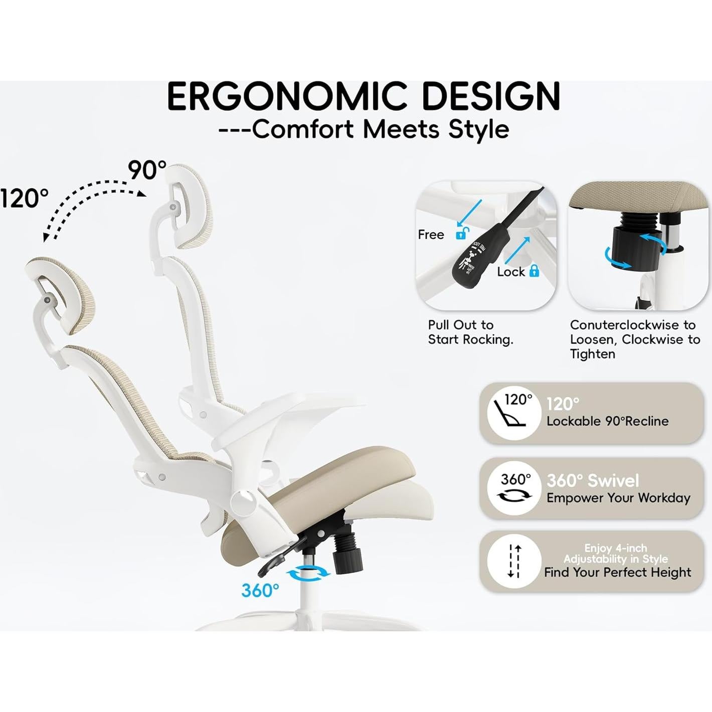 Silla de Oficina Ergonómica TRALT Beige con Reposacabezas