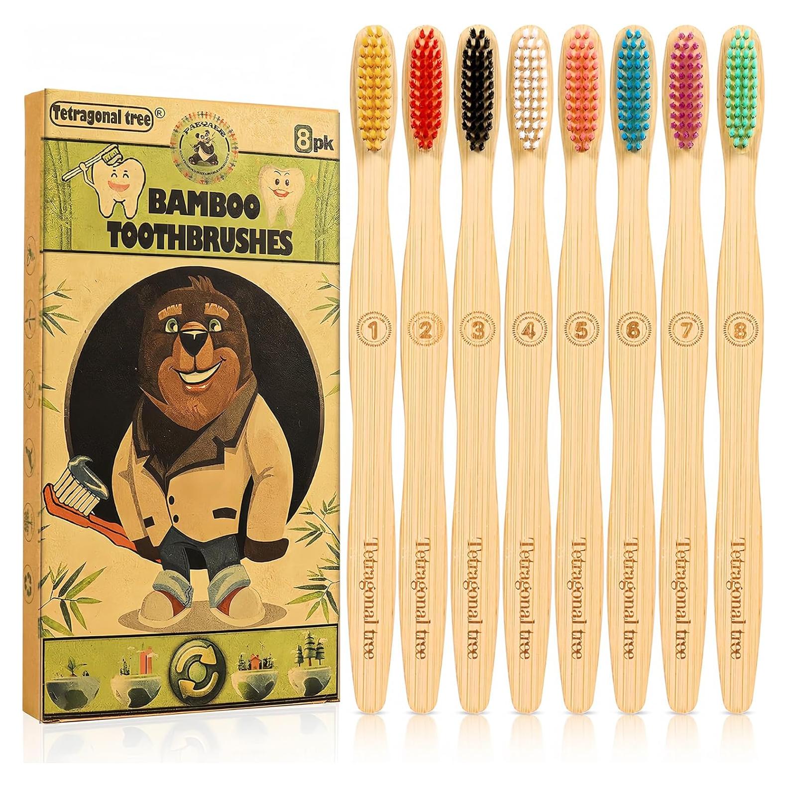 Juego de 8 cepillos de dientes de bambú Tetragonal Tree ecológicos