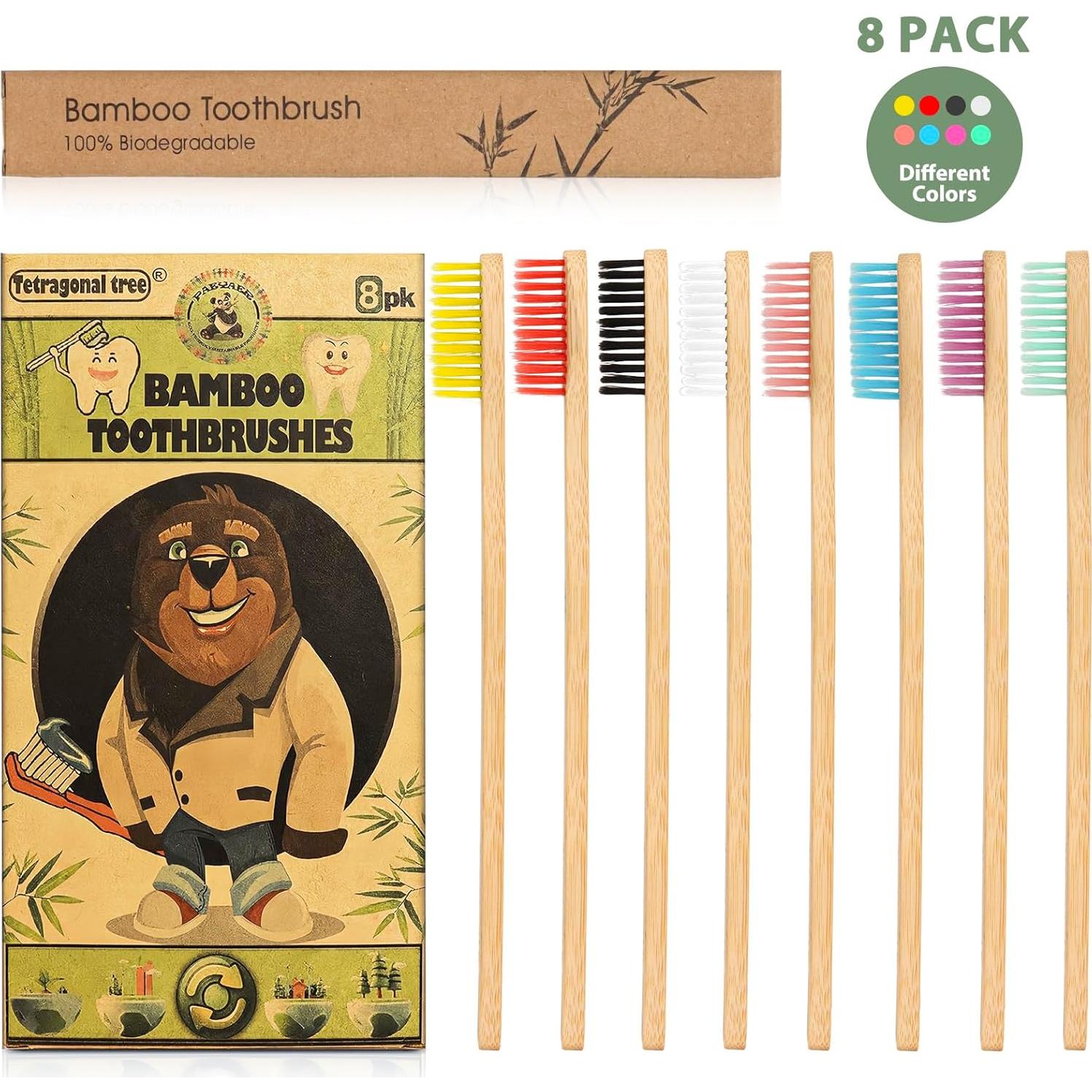 Juego de 8 cepillos de dientes de bambú Tetragonal Tree ecológicos